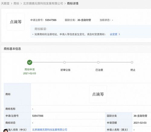 滴滴關聯公司申請 點滴籌 商標,國際分類為金融物管